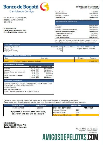 Colombia Banco De Bogotá Bank Mortgage Statement Scr exemplo real
